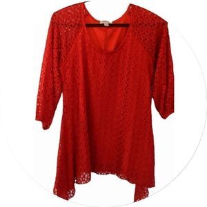 DRESS BARN Red Crochet, Asymmetrical, 3/4 Sleeve Top  Large